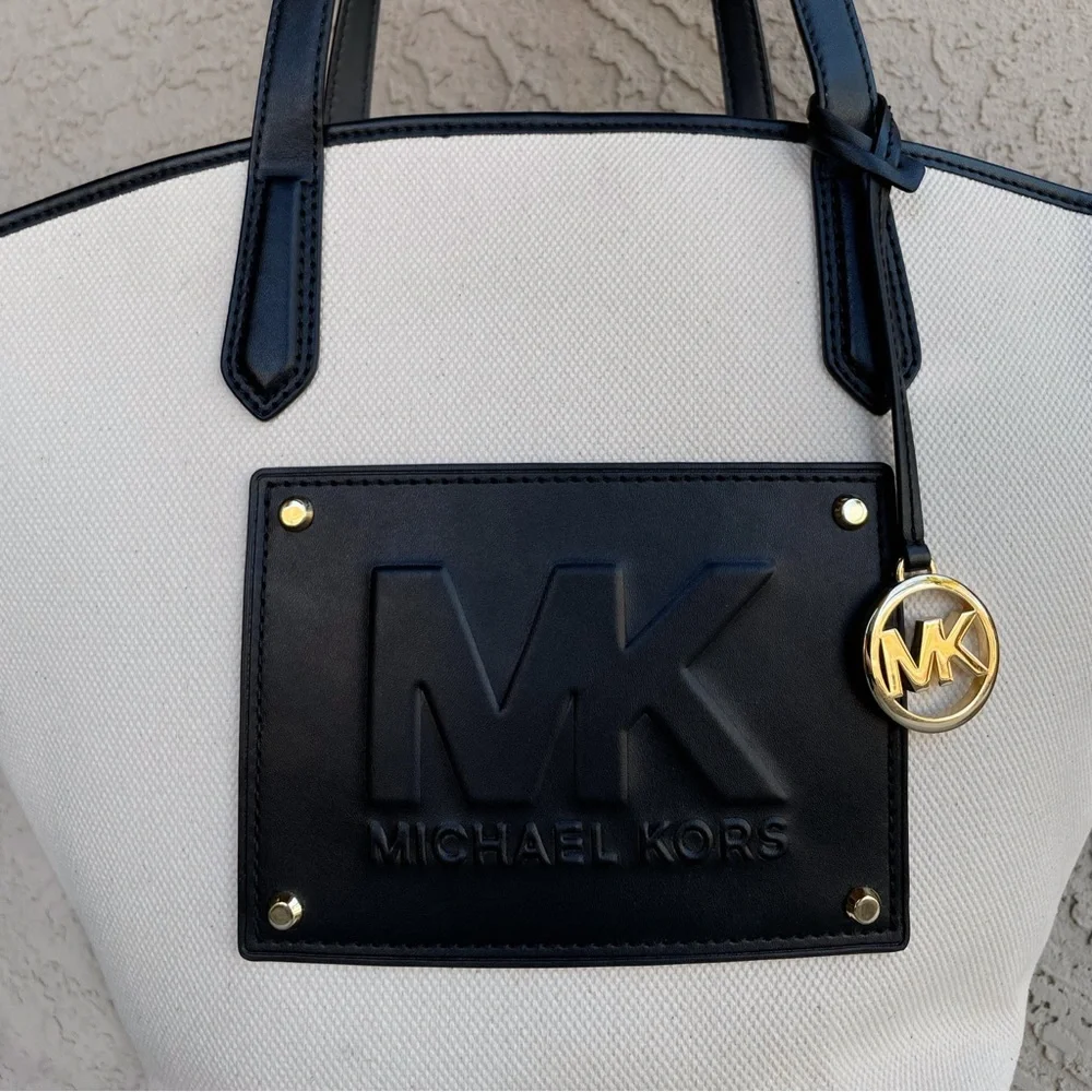 MICHAEL KORS Neutral Cream & Black Large Canvas Leather Kimber Logo Tote Bag